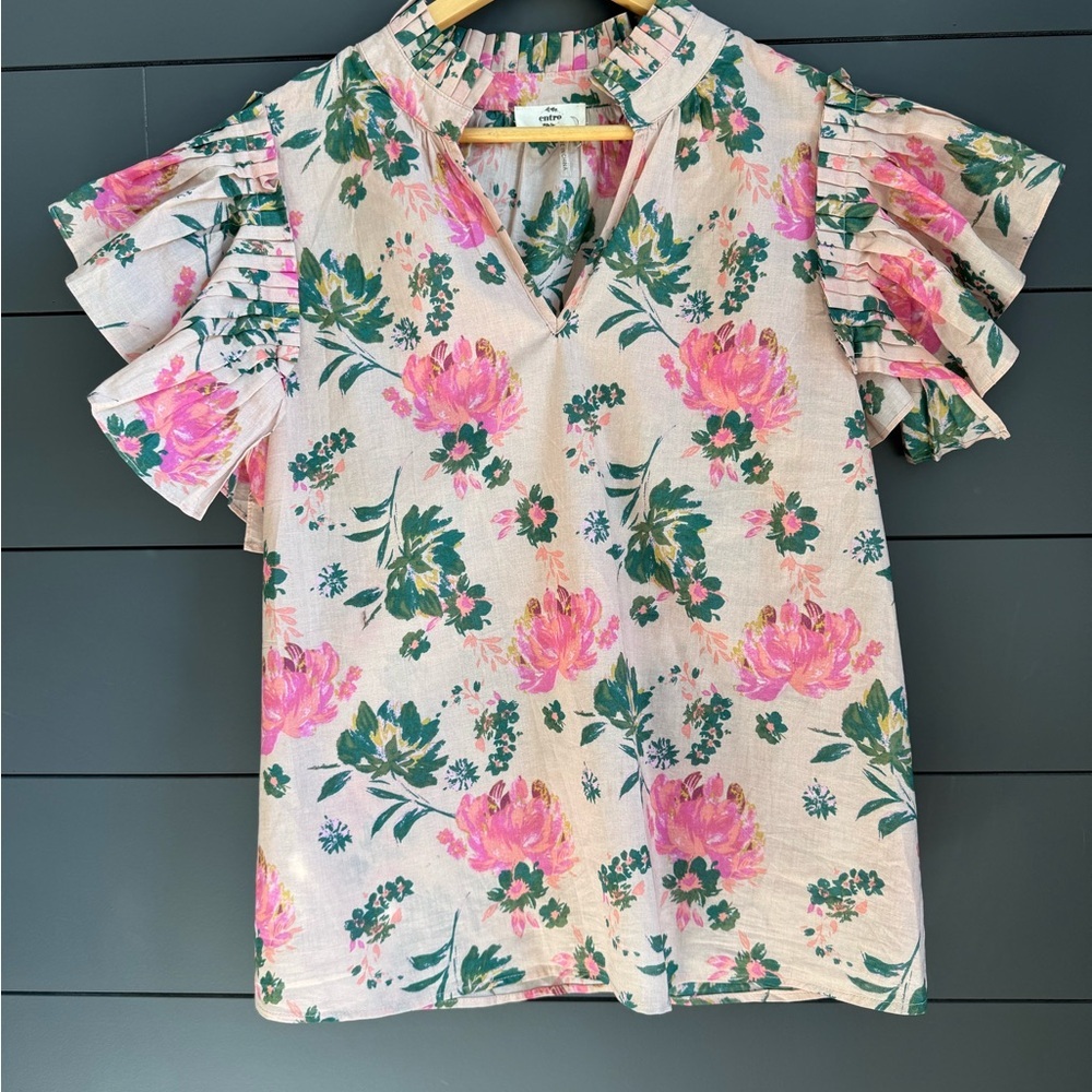Entro Floral Ruffle Sleeve Blouse Pink Green Boho Cottage Core Teacher Spring - Picture 2 of 9